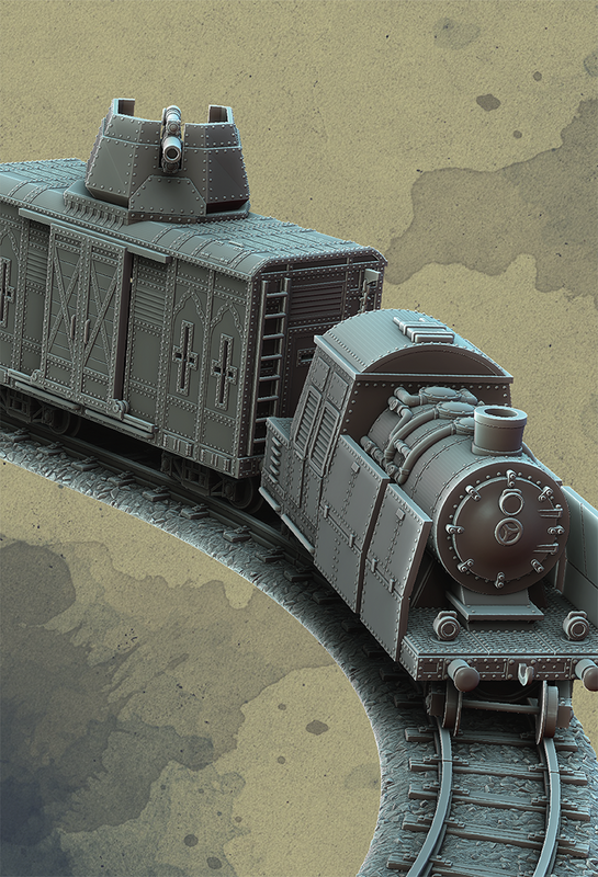 A detailed miniature model of a steam locomotive pulling a cargo wagon on curved tracks, shown against a textured beige background.